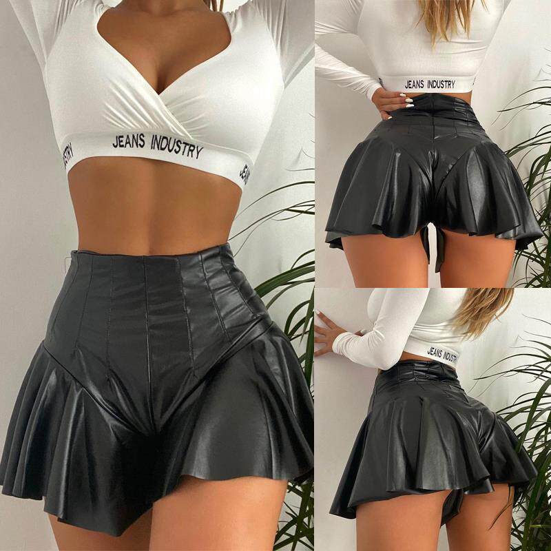 欧码PU皮革裤百褶裤裙包臀A字短裤皮裙荷叶边小皮裤Leather skirt