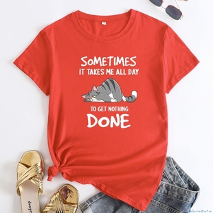 Women Cotton tshirt 女装猫字母英文印花纯棉圆领短袖T恤女源头