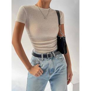 Long Sleeve Tshirt Slim Top Neck Fit Round Autumn Plaid