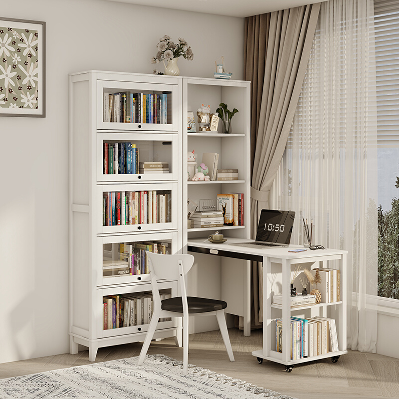 折叠书桌书架一体桌可伸缩隐藏家用多功能转角书柜学生电脑桌组合
