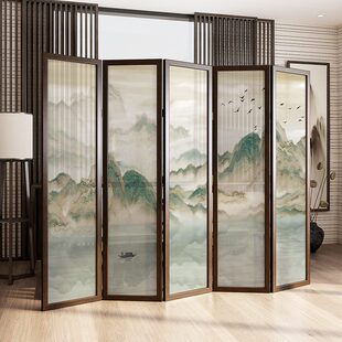 客厅 办公室隔断玄关实木屏风古风简易山水移动障折叠国风屏新中式