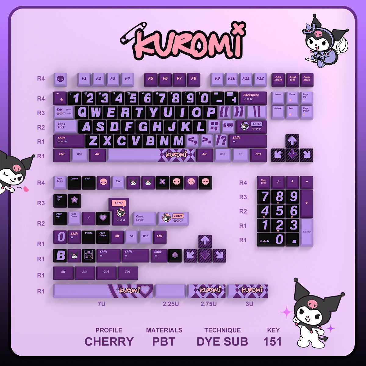 KUROMI 키보드 KUROMI KUROMI 테마 151 키 PBT 오리지널 고승화 기계식 키보드 키캡