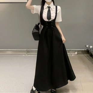 显瘦领带衬衫收腰背带裙jk制服两件套大码学院风套装长款连衣裙夏