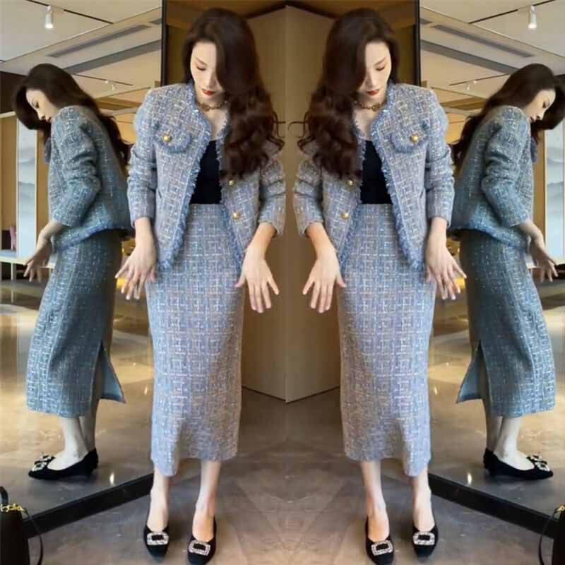 抖音爆款小个子香风加棉套装裙女2023秋冬新款粗花尼外套+半身裙