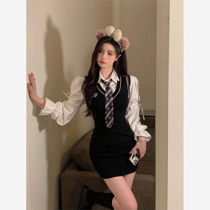 美式校园学院风JK制服套装春夏包臀连衣裙辣妹衬衫学生裙子两件套