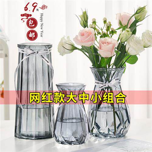 网红玻璃花瓶 透明水培黄金葛百合干燥花客厅插花摆件家用