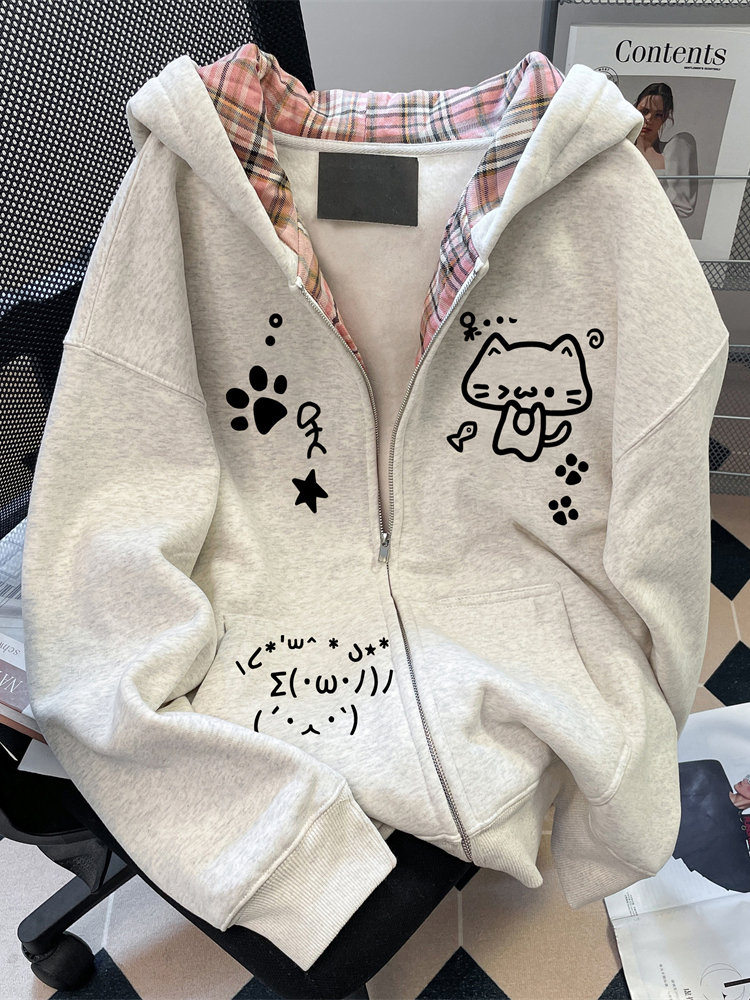 亚文化日系宅萌可爱猫咪开衫外套女春秋冬加绒甜美减龄连帽款卫衣