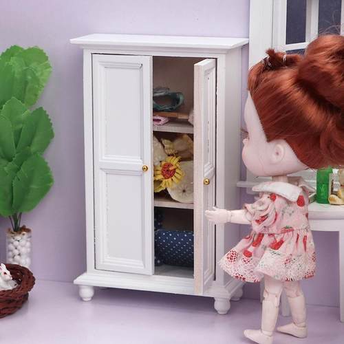 1:12娃娃屋迷你小家具盲袋摆件模型配件欧式白色衣柜双开门柜子