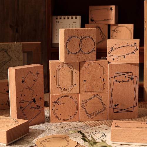 千里墨痕木质印章套盒跨境复古边框手账印章木质留言框装饰印章