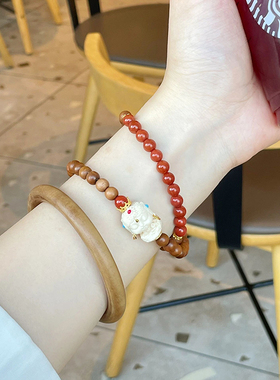 印度老山檀香圆珠两圈原创手链搭配南红玛瑙猛犸象牙度母手串饰品