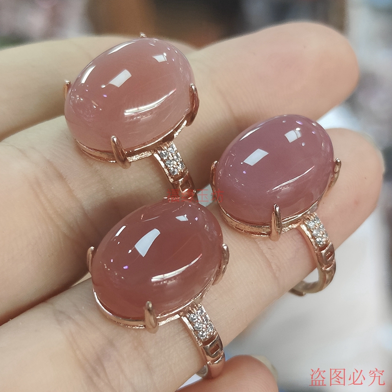 高端玉髓玛瑙戒指活口女款银饰镶嵌浅粉玉髓蛋面指环永久戒圈饰品