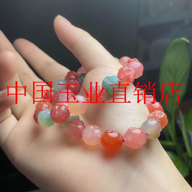 玛瑙手链雕刻弥勒佛头手串七彩糖果色玉髓民族风情侣饰品原创新品