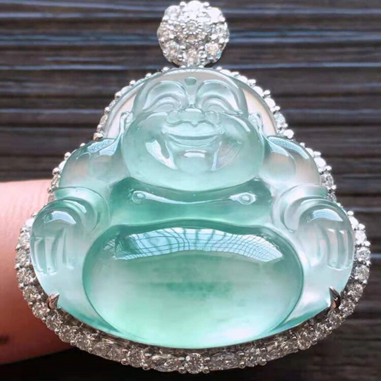 缅甸精选翡翠色冰种飘阳绿吊坠笑玉佛公冰种翡翠吊坠挂件饰品女款