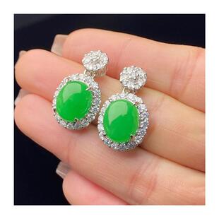 缅甸冰种正阳绿翡翠色玉耳钉镶嵌翠色满绿蛋面玉耳坠简约时尚女款