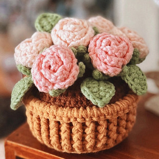 雪妃尔毛线玫瑰花盆栽桌面摆件手工编织diy小清新织物材料包