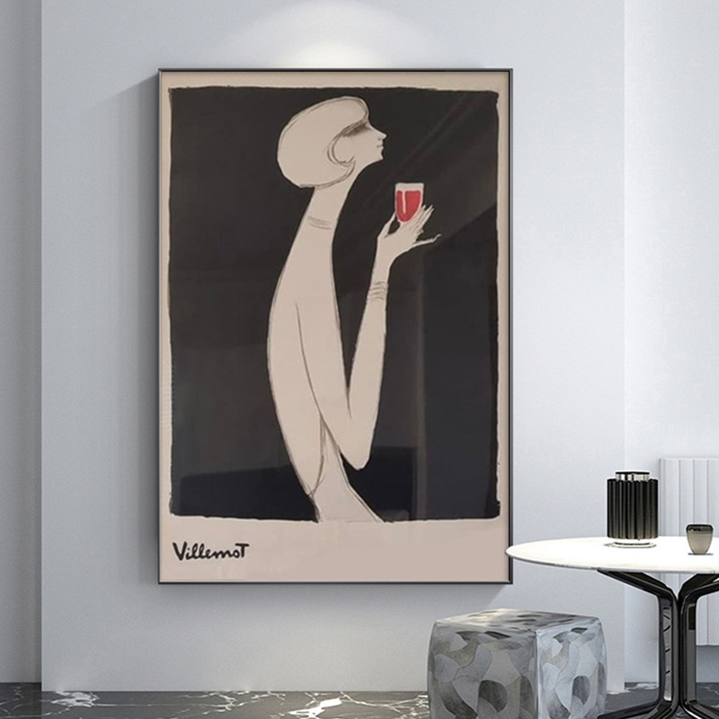 黑白轻奢抽象艺术拿酒杯人物装饰画玄关过道餐厅挂画大幅落地壁画图片