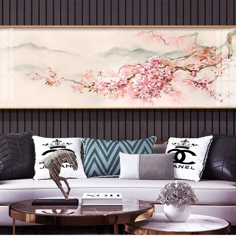 新中式桃花装饰画床头画客厅沙发背景墙可替换自粘防水油画布画心