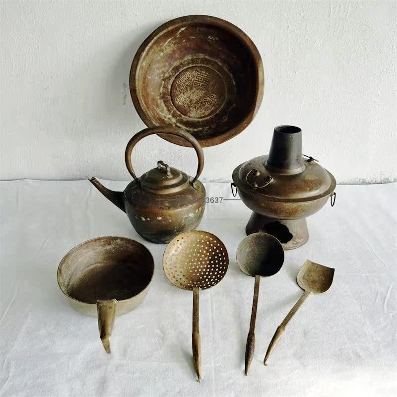 民俗老旧物件老式铜火锅水壶铜洗脸盆厨房用品铜水瓢勺子怀旧摆件
