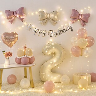 粉色女孩宝宝周岁生日装饰少女心蝴蝶结气球周岁场景布置拍照道具