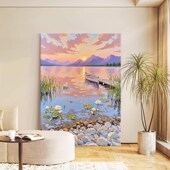 奶油风小船手绘油画小清新风景客厅挂画抽象肌理日出玄关饭厅挂画