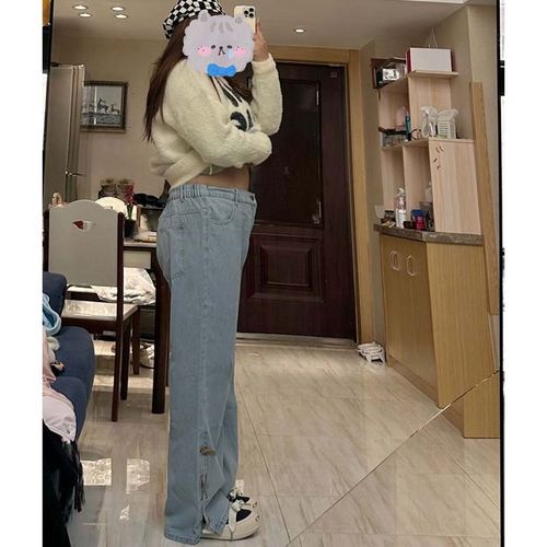 2-300斤胖mm大码女装绑带开叉高腰阔腿牛仔裤女宽松显瘦直筒长裤