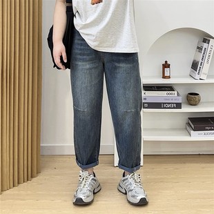 梨形身材胖mm高腰显瘦弹力老爹裤 大码 新款 女春季 复古蓝哈伦牛仔裤