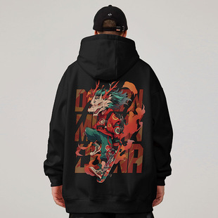 2024新年春秋连帽红色龙年情侣装卫衣加绒潮牌大码男装胖男生外套