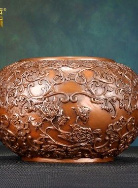 紫铜牡丹缸聚宝盆铜缸摆件客厅办公室居家工艺品乔迁开业礼品