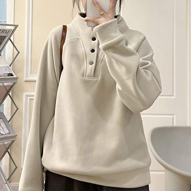 秋冬哺乳衣喂奶上衣奥粒绒半高领按扣百搭宽松休闲插肩袖打底卫衣