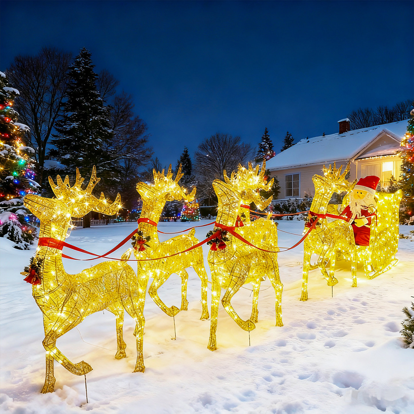 圣诞节发光麋鹿雪橇车户外圣诞场景装饰道具大雪人木屋风车大摆件