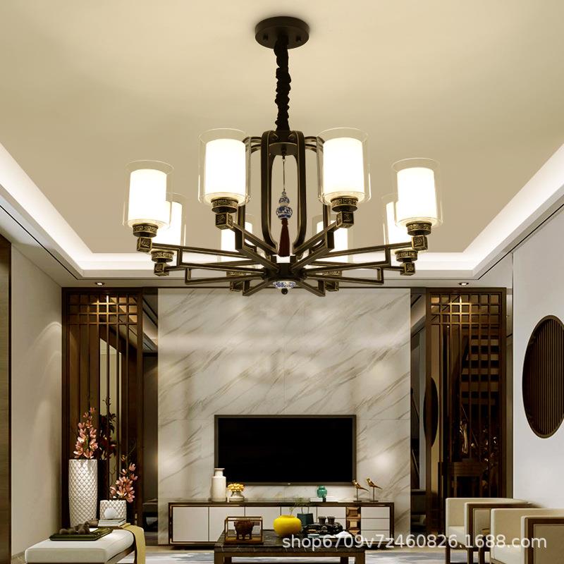 新中式铁艺吊灯客厅简约现代大气中国风卧室书房8头餐厅玻璃灯具