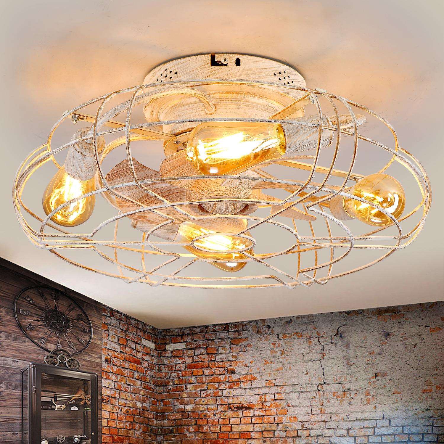 复古吸顶卧室木纹风扇灯美式工业风遥控餐厅吊扇灯铁艺顶灯亚马逊