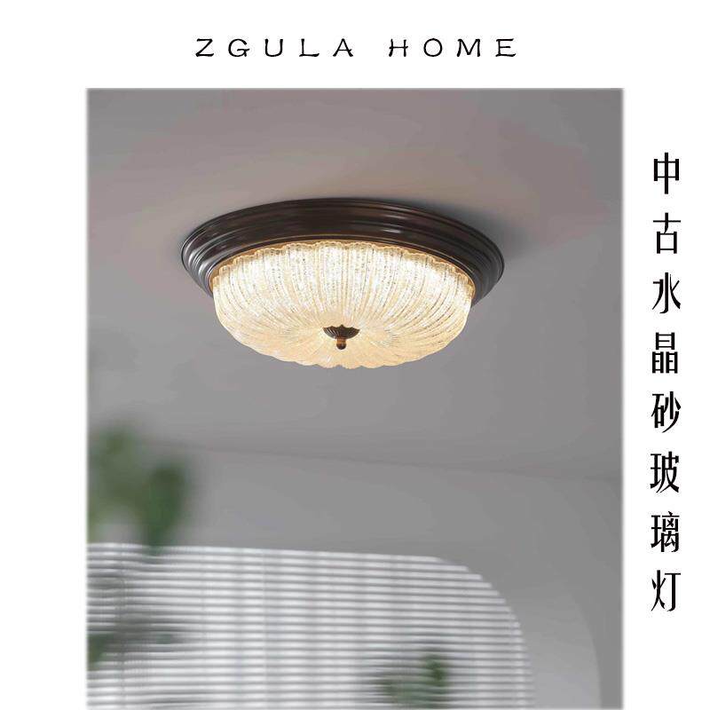 复古咖色吸顶灯中古卧室书房圆形灯饰阳台过道走廊水晶砂玻璃灯具