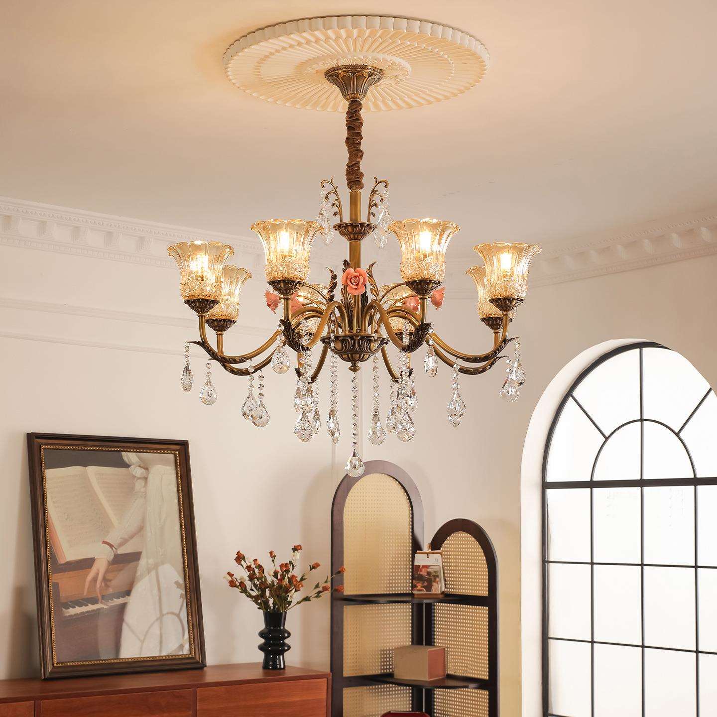 欧式吊灯法式中古轻奢别墅全铜客厅餐厅卧室书房创意灯具水晶吊灯