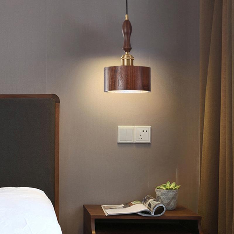 卧室床头吊灯轻奢新款创意复古全铜胡桃色实木吧台餐厅长线小吊灯