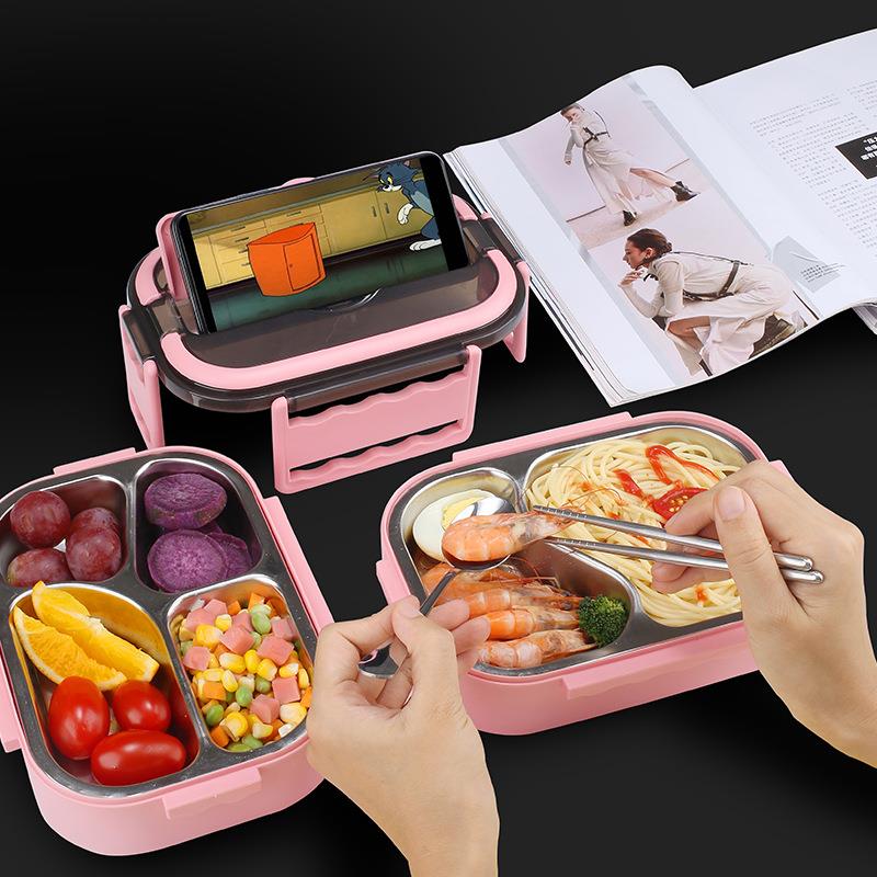 304不锈钢保温饭盒日式方形密封保鲜双层注水加热便当盒