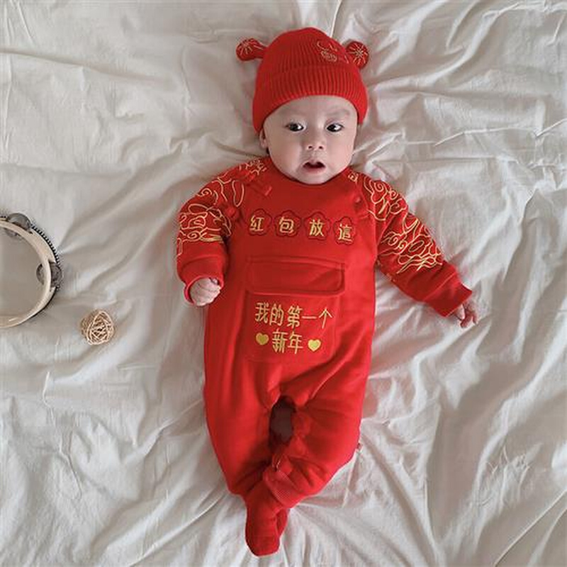 新年新生婴儿中国风过年爬服冬装新年宝宝加绒加厚连体衣拜年服