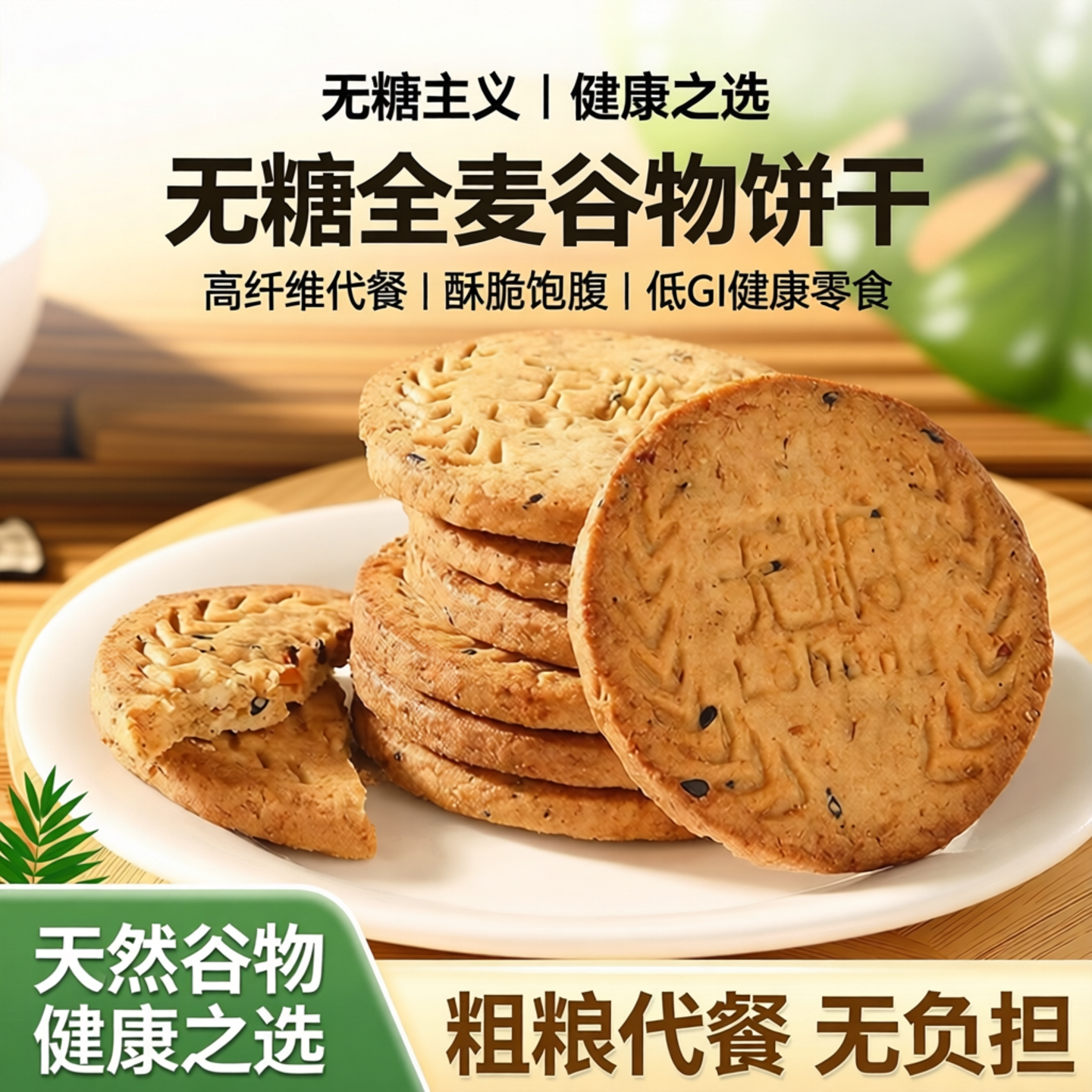 无糖全麦谷物饼干粗粮代餐饼干无糖主义酥脆高纤维健康饱腹零食品