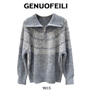 9015 北欧翻领老钱风穿搭慵懒宽松拉链翻领针织衫 COCO林可可