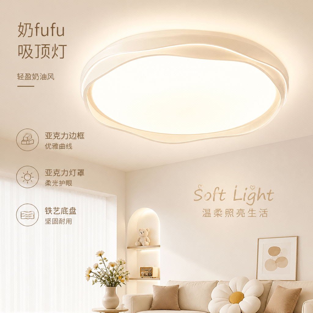 圆形2026新款卧室主灯led客厅灯护眼吸顶灯奶油风云朵房间中山灯