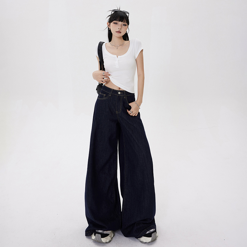 漫雀度深藍(lán)闊腿牛仔褲女寬松高腰2024新款垂感慵懶休閑拖地直筒褲