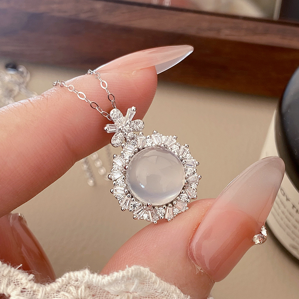 日本品质s925纯银天然白玉髓花朵项链轻奢气质新中式毛衣链简约大