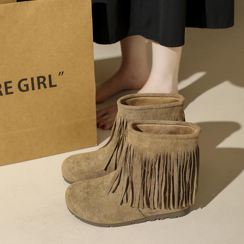 日本品质复古绒面马丁靴流苏2025秋冬新款平底时装靴中筒靴