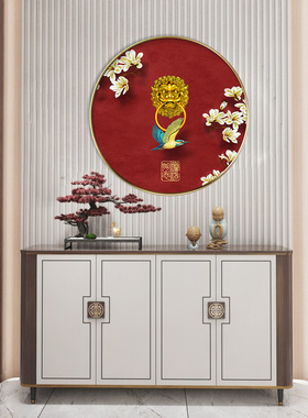 新中式玄关装饰画客厅沙发背景墙壁画中国风茶室禅意花鸟圆形挂画