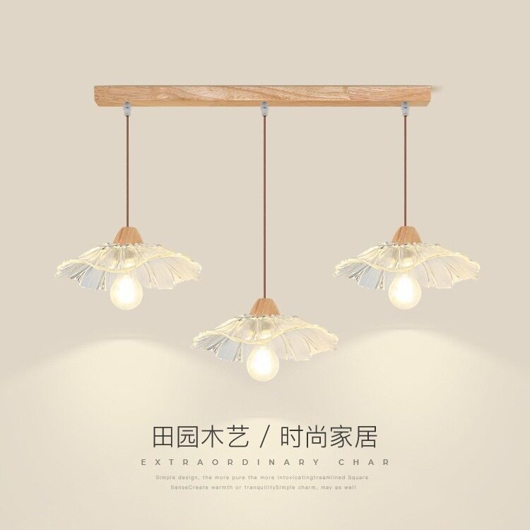 北欧餐厅吊灯原木三头吧台灯创意田园复古荷叶侘寂风卧室床头灯具