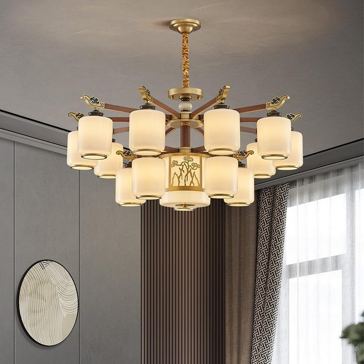 新中式客厅吊灯现代大气胡桃木色低户型家用饭店2024新款套餐灯具