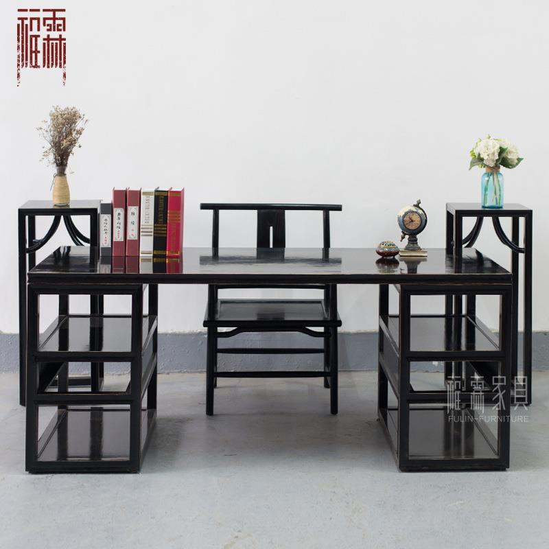 新中式禅意黑漆书房书桌圈椅组合简约老榆木样板间书桌画案办公桌