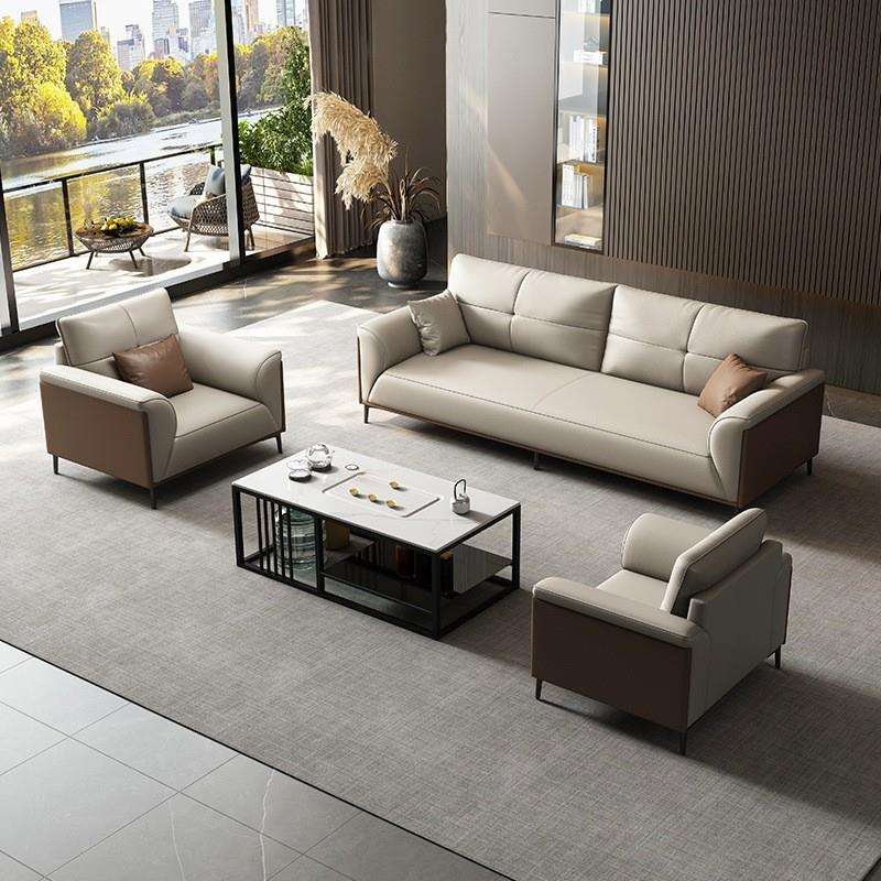 办公沙发茶几组合套装简约接待室休闲会客三人位皮艺办公室皮沙发