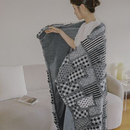 花时间生活羊绒昵料毛毯子提花格子拼接厚实复古披肩居家棉软盖毯