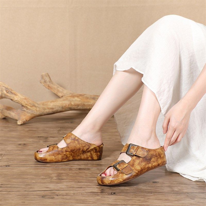 艺鞜202d5夏季新款真皮手工民族风女凉鞋厚底增高鱼嘴露趾室外凉